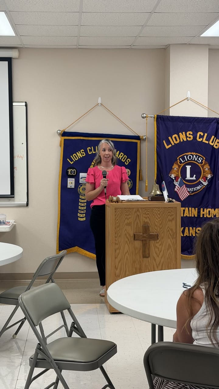 Joannie Grace speaking to the Mountain Home Lions Club during its July 2026 community speaker series